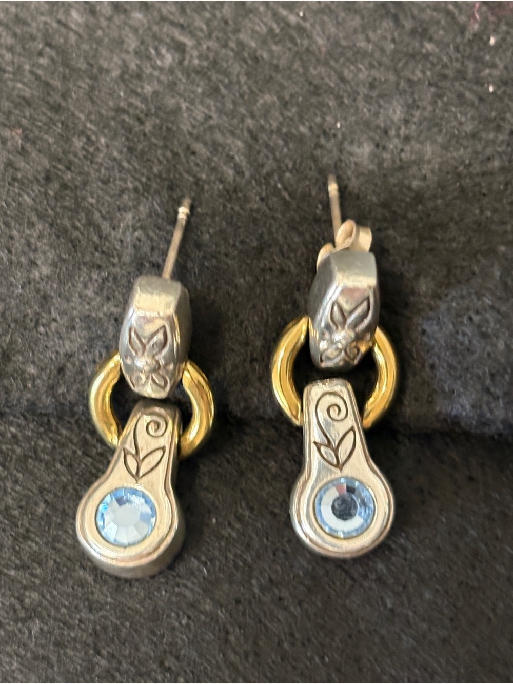 Brighton Two-Tone Silver and Gold Drop Earrings with Blue Crystal Accent